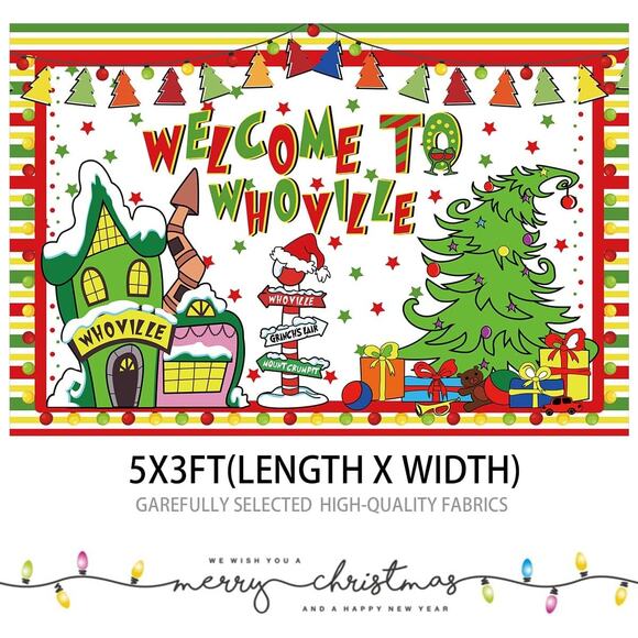 NIP WELCOME TO WHOVILLE Backdrop Banner Wall Hanging Christmas Grinch - Picture 2 of 2